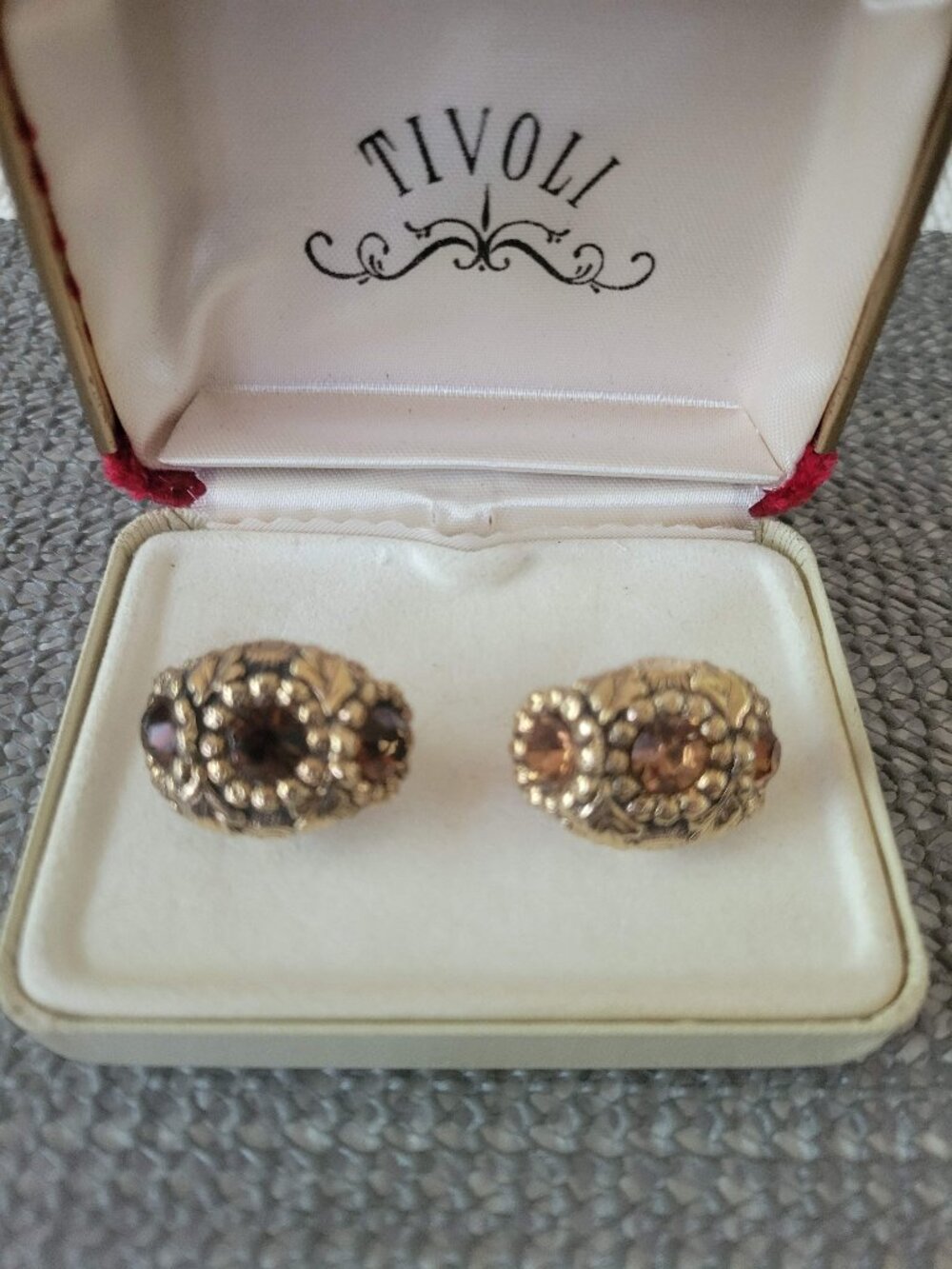 Vintage Tivoli Gold Tone Cufflinks Amber Rhinestone Filigree Ornate Unisex